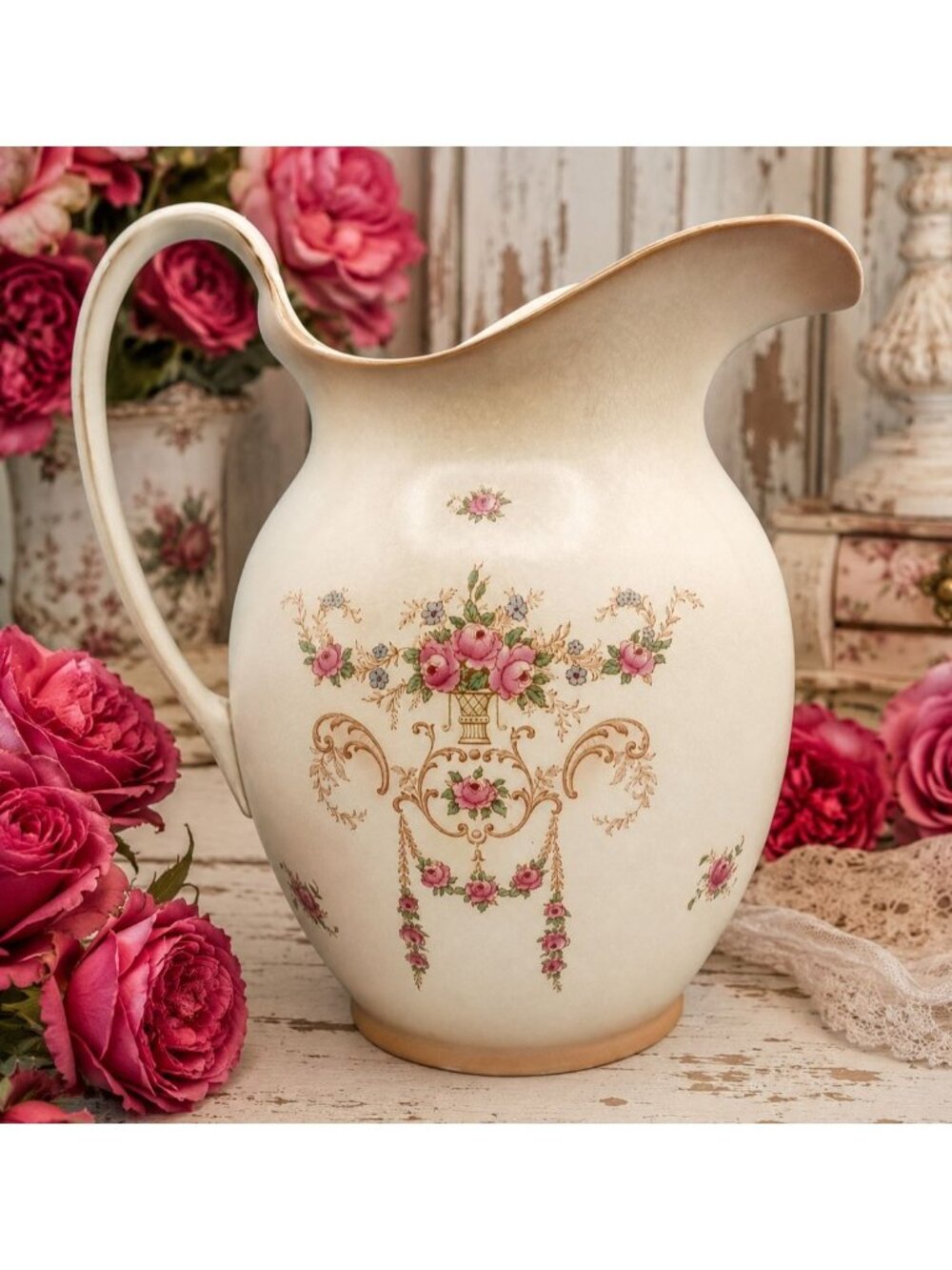 Antique Art Nouveau Crown Ducal Ware Large Rose Pitcher Vase 11.75 X 11